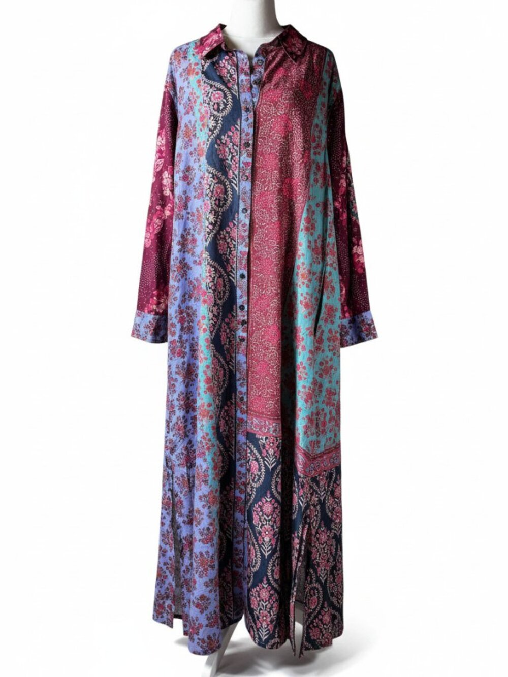 Natural Life Patchwork Floral Maxi Shirt Dress Duster Cover-Up M